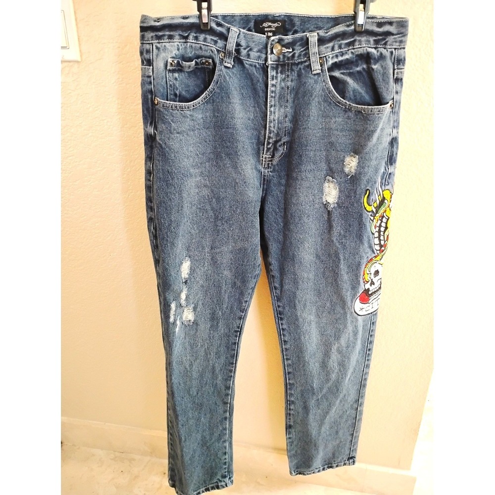 Vintage Ed Hardy NYC Embroidered Jeans 36x29 Y2K Streetwear Distressed Denim - Picture 2 of 8